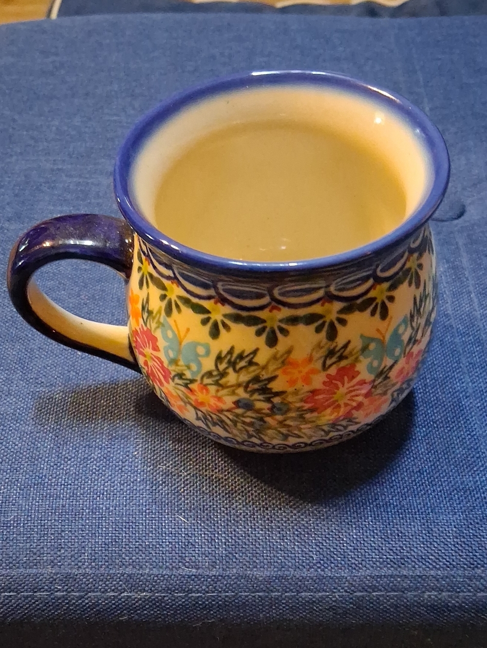 Handmade In Poland, Hand-Painted Floral Ceramic Coffee Mug in Blue and Cream